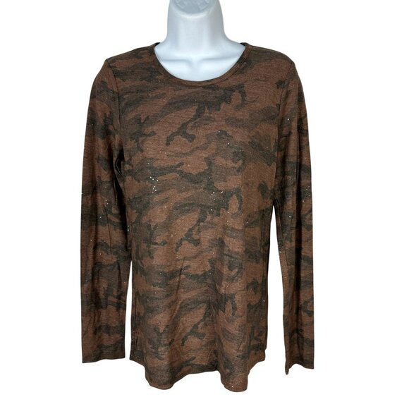 Michael Stars Brown & Black Camo Print Long Sleeve Sparkle Knit Top Size Small - Picture 1 of 3